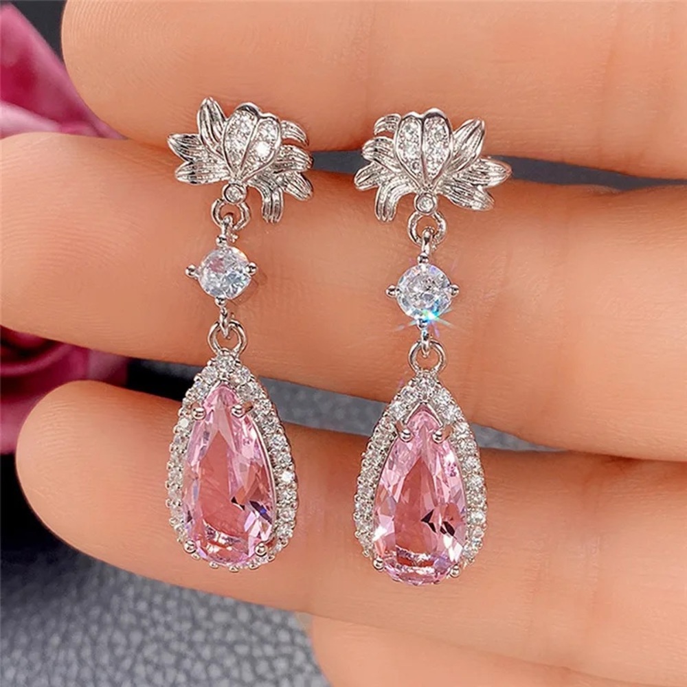 - -🪷Pear Cut Pink Topaz &Cz Diamond Silver Lotus Flower post back Drop Ear…